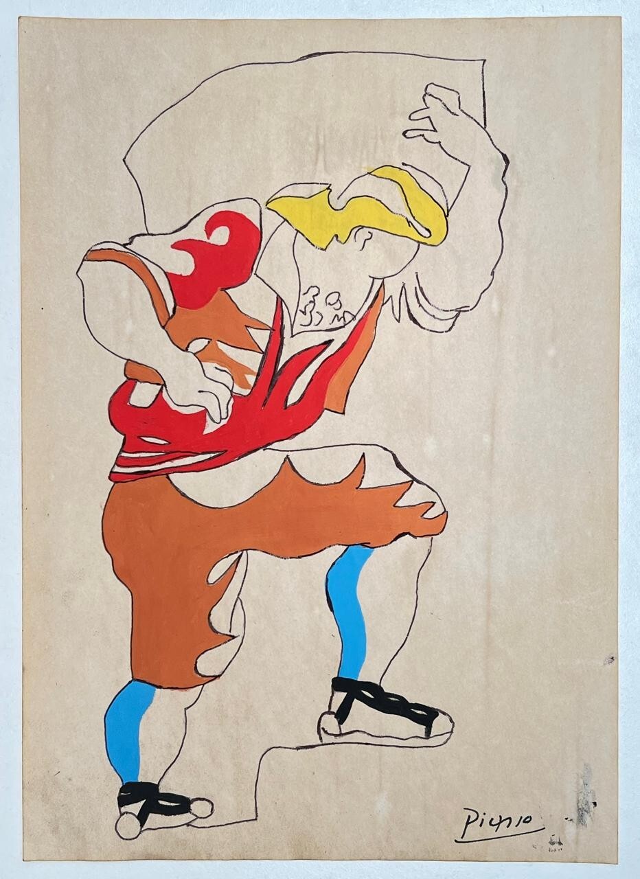 Pablo Picasso (Handmade) Drawing On Old Paper Signed & Stamped, vtg art