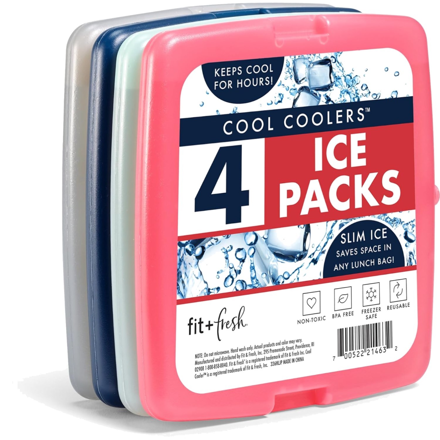 Slim Ice Packs Reusable, Set of 4, Multicolored, 5" x 4.75" x 0.50"