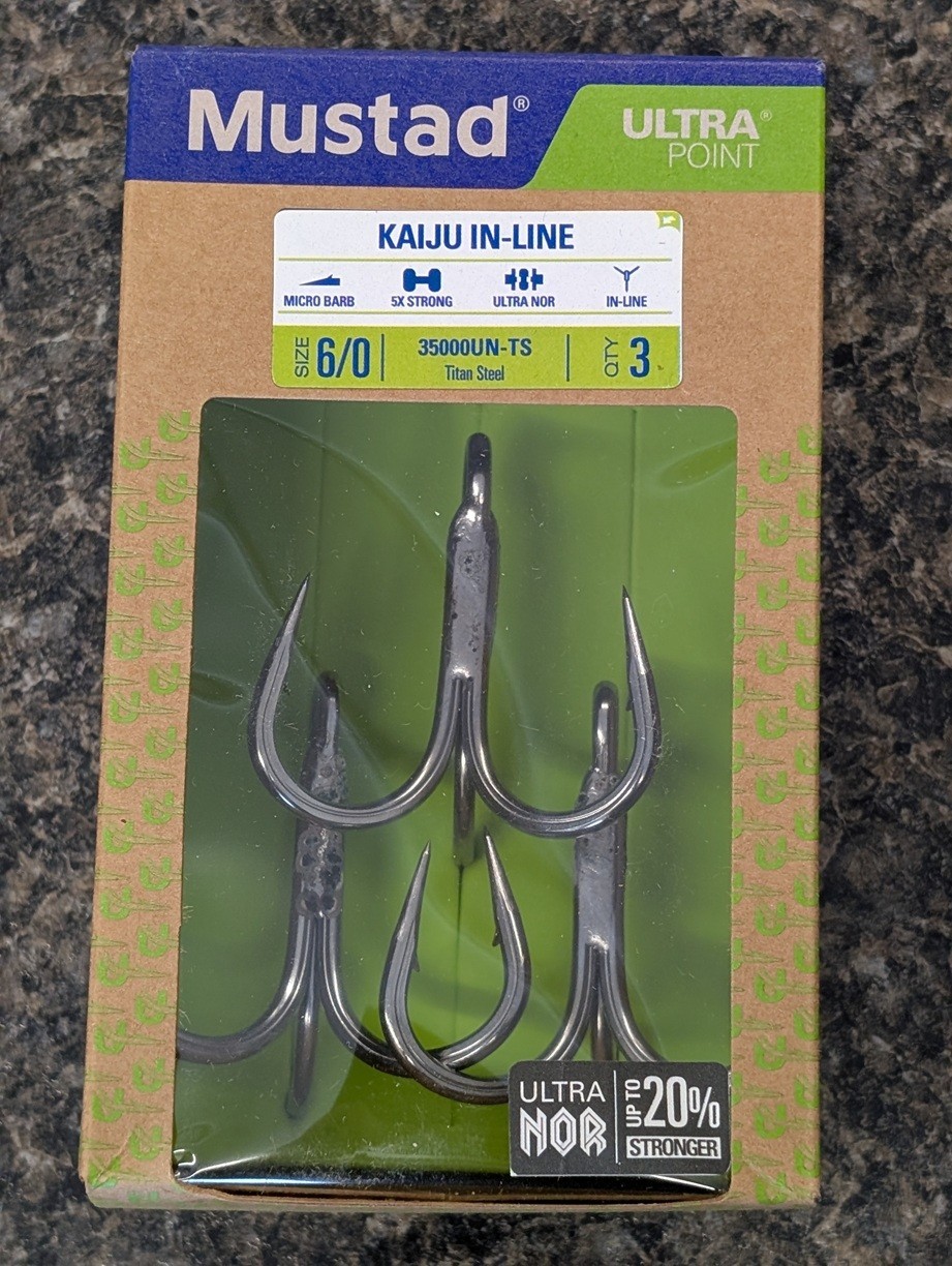 Mustad Kaiju UltraNor In-Line Treble Hook 7X Strong - Size 6/0 Titan Steel Hooks