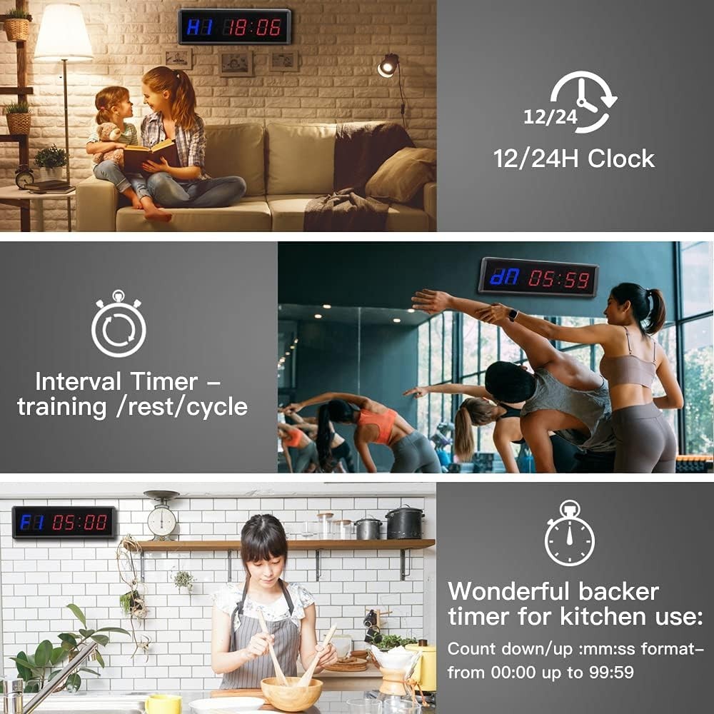 Gym Timer 1.5" LED Interval Timer Workout Timer Clock Stopwatch Timer Count D...