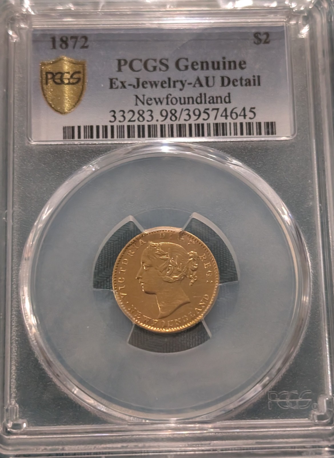 1872 Newfoundland 2 Dollar Gold Coin PCGS AU Detail  Ex- Jewelery