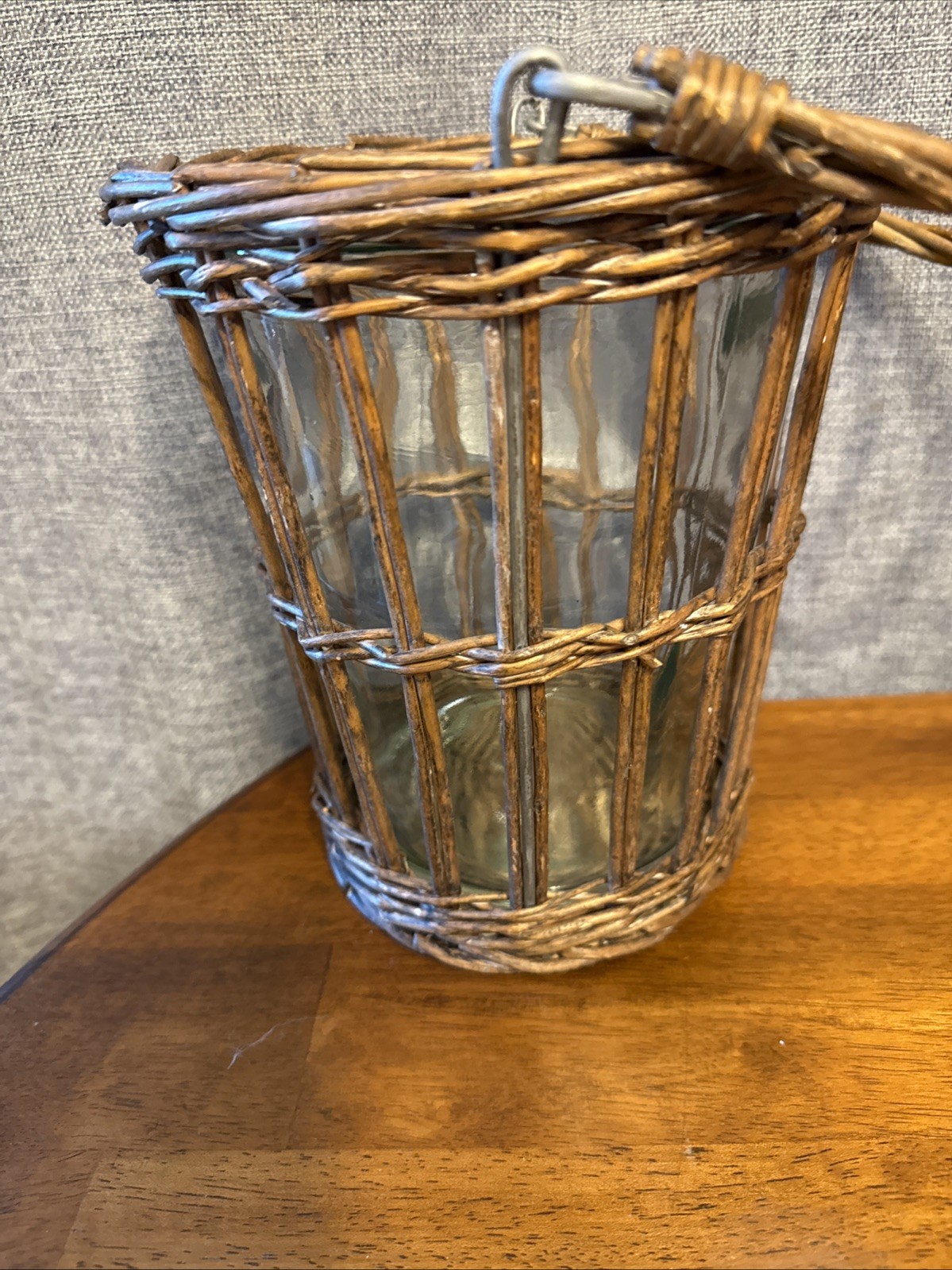 Lot of 2 Vintage Wicker Baskets With Glass Insert Plant Candle Flower Handles
