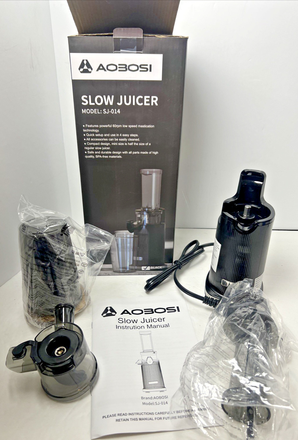 NIOB Aobosi Slow Juicer Masticating SJ-014 Mini Size BPA Free Black NEW Complete