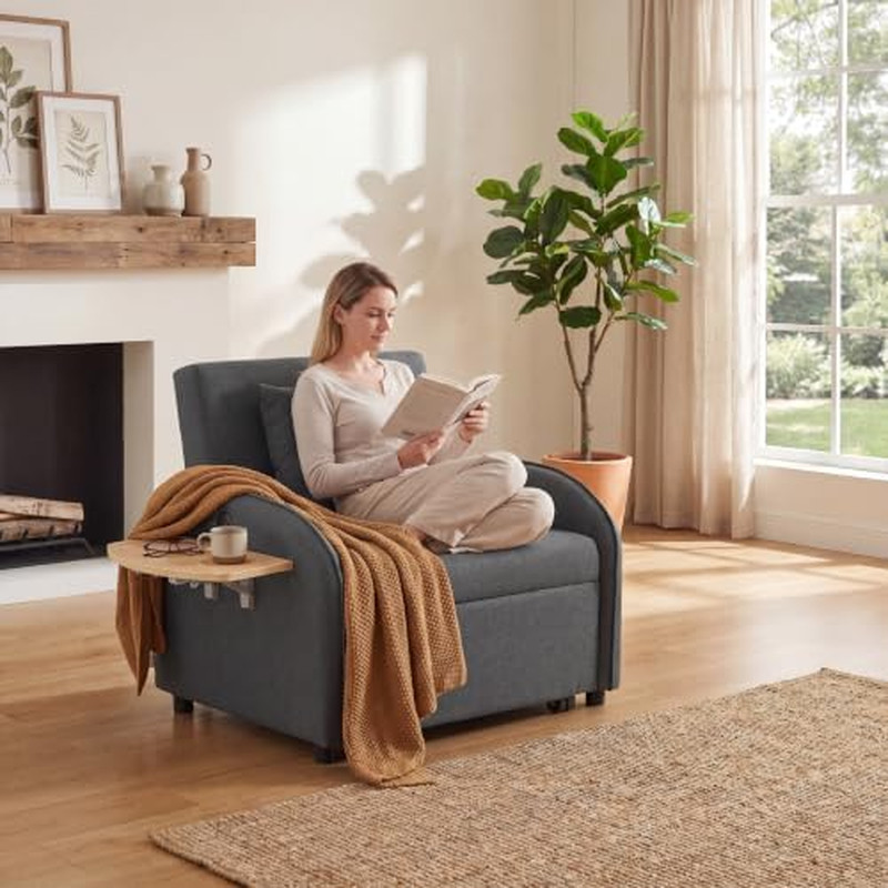 Sleeper Chair with Pull Out Bed, 5 in 1 Single Sofa Bed, Gray | Adjustable Backr