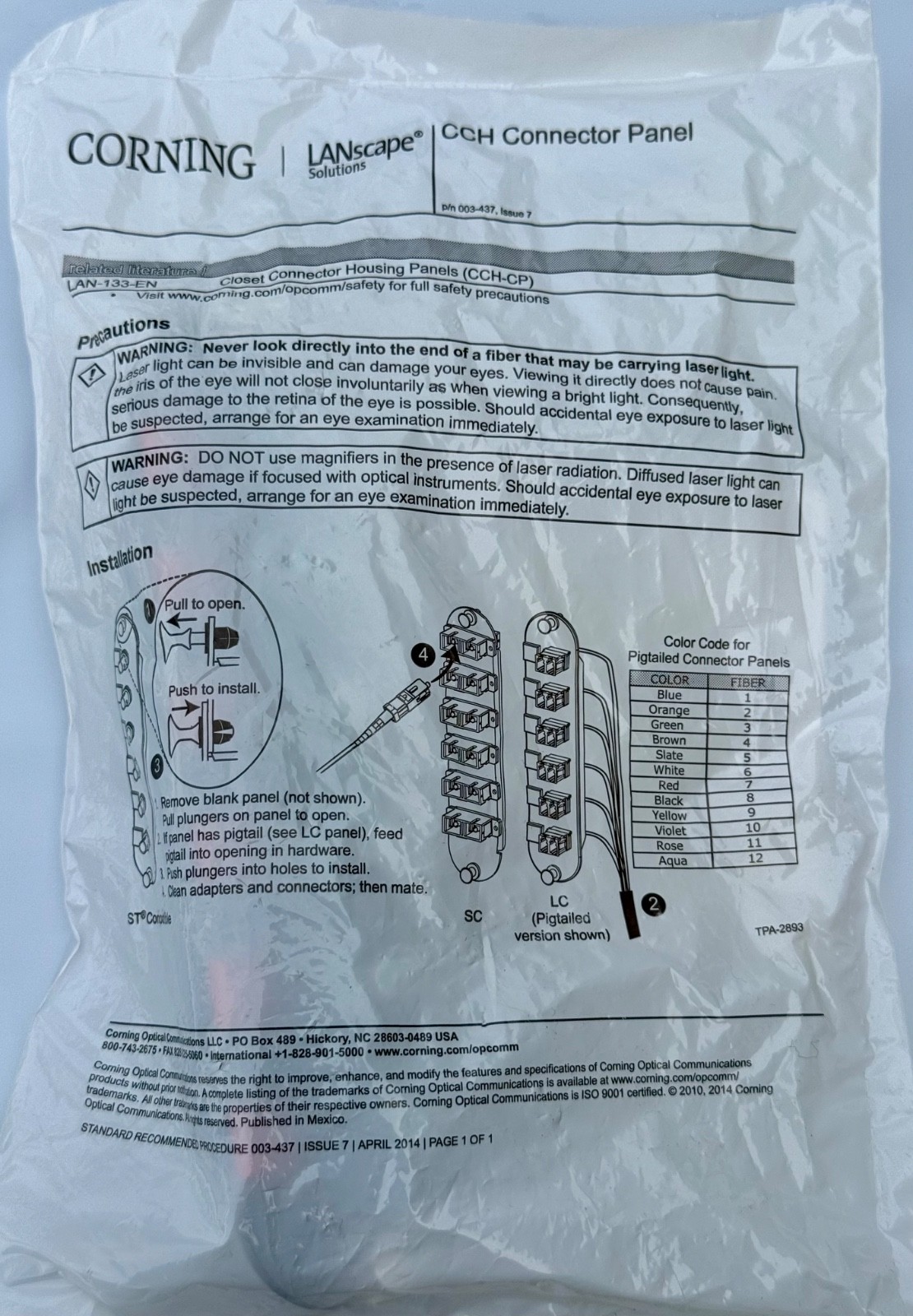 Corning CCH-CP12-E4 Corning Fiber Adapter Panel with 6 LC Duplex MM OM3