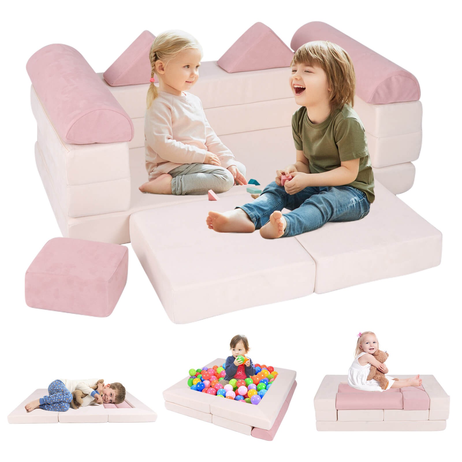 Kids Modular Play Couch Play Set w/ Suede Fabric Cover High-Density Foam
