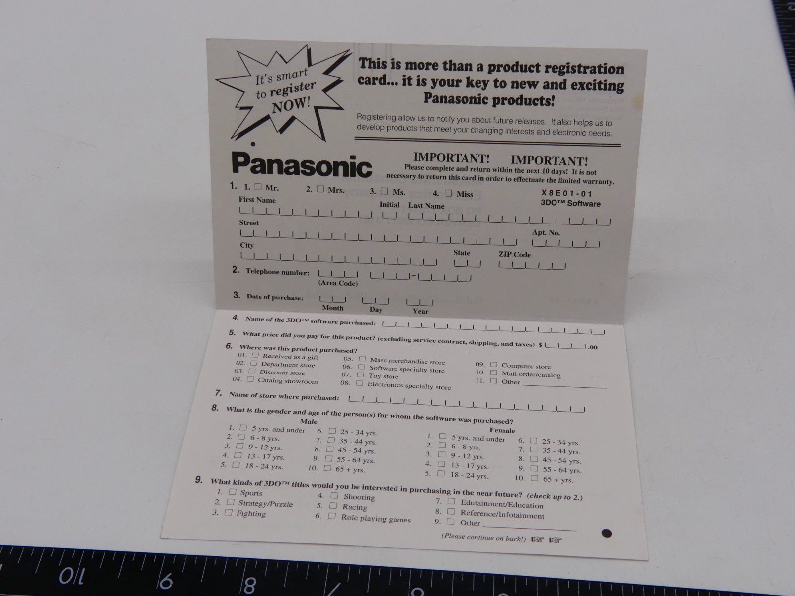1995 Panasonic 3DO Software Registration Card Only Game Insert Matsushita