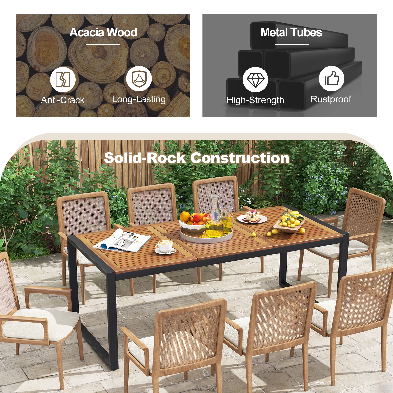 79" Acacia Wood 8-Person Patio Table w/ 1.9" Umbrella Hole, Adjustable Foot Pads