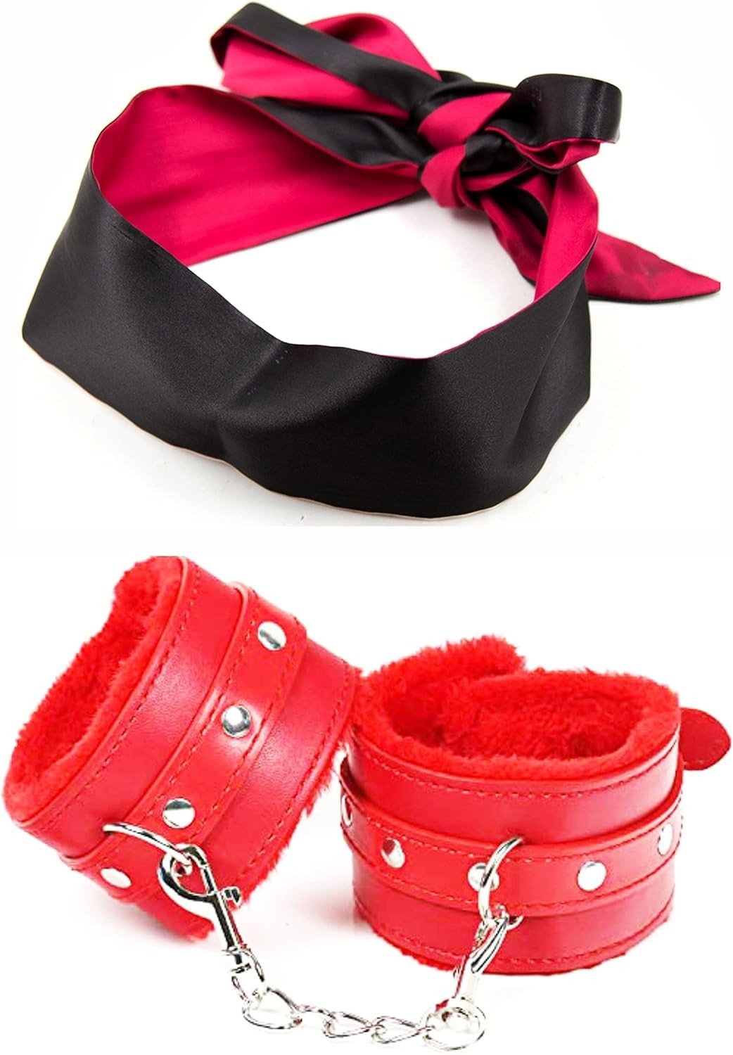 Sex Blindfold Satin Eye Mask and Fuzzy Hand Cuffs with Chain Set Wrist Ankle ...