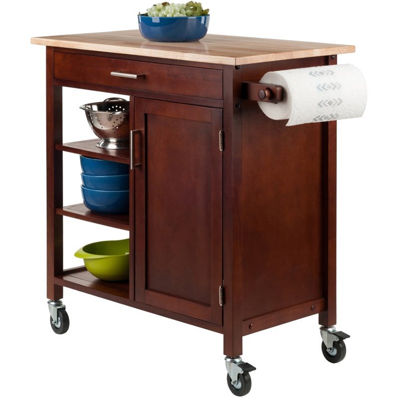 Pemberly Row 34.61"H Transitional Solid Wood Kitchen Cart in Walnut/Natural