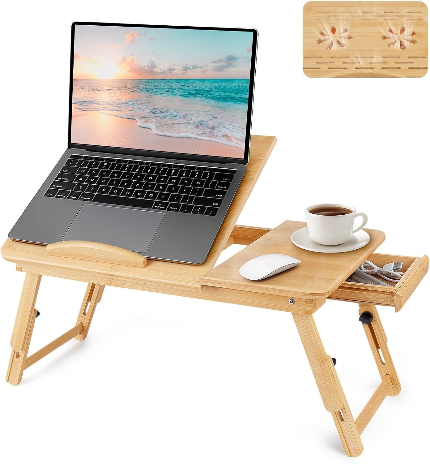 Bamboo Laptop Desk for Bed, Height & Angle Adjustable Foldable Lap Desk with ...
