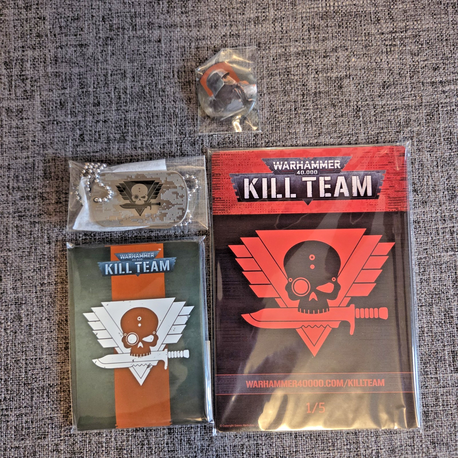 Kill Team Celebration Pack - Card Sleeves , Postcards, Dog Tag, Badge Bundle