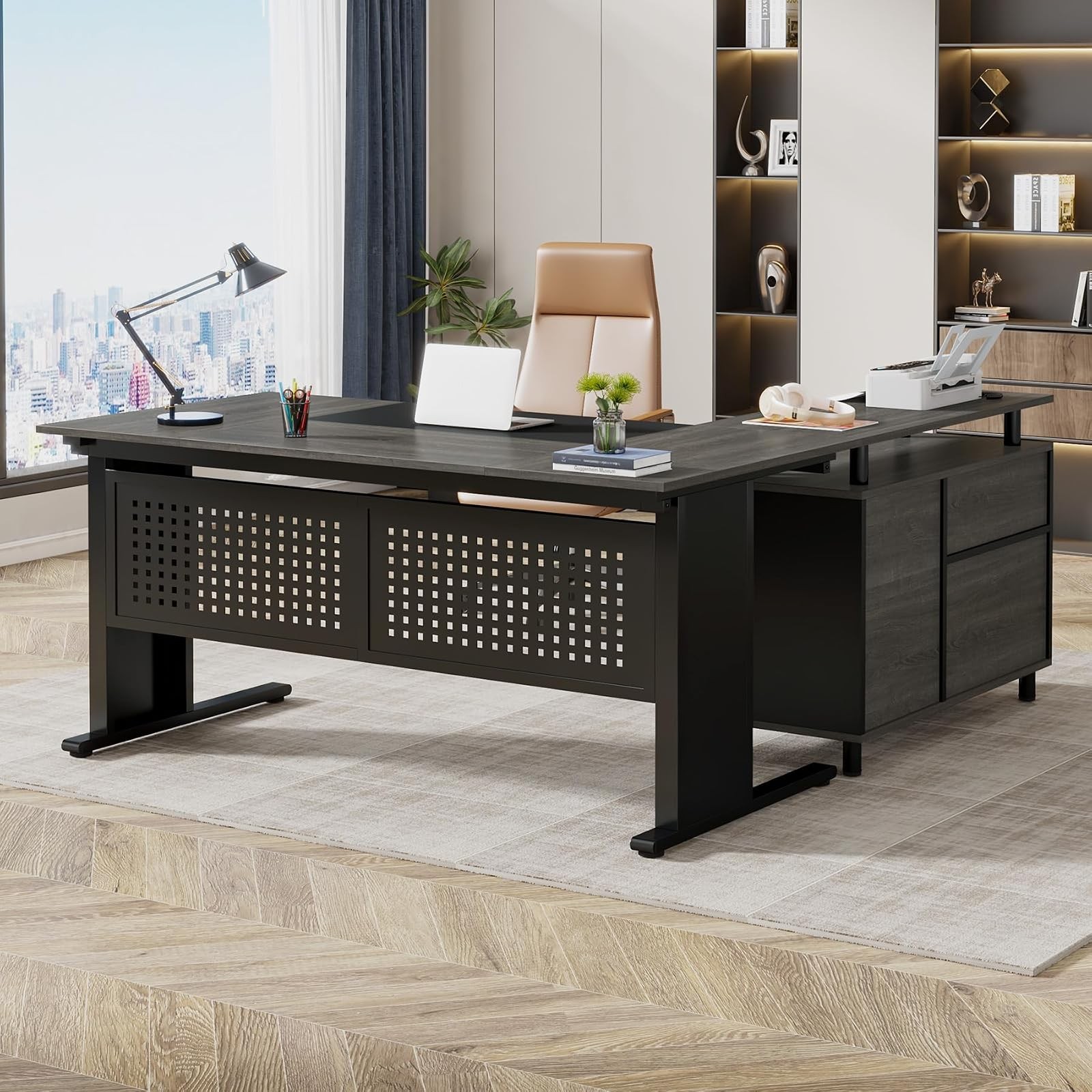 Tribesigns 63 Inch L Shaped Executive Desk with File Cabinet