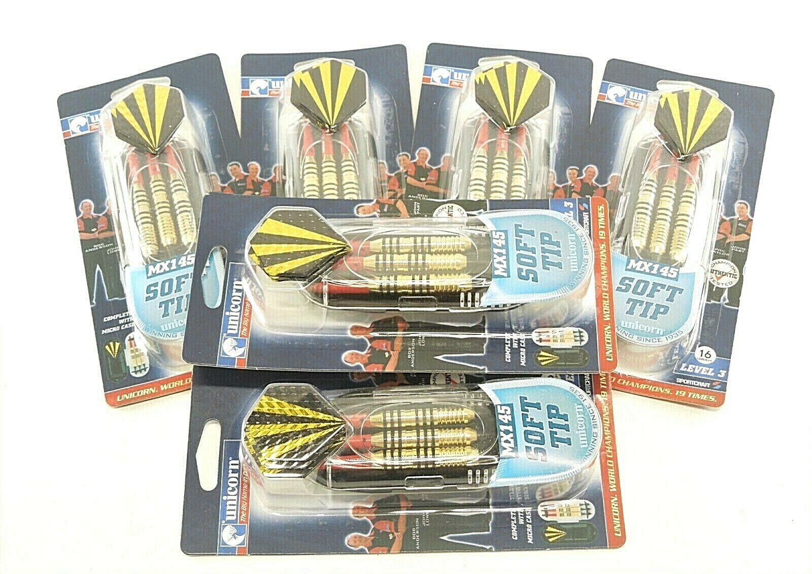 6 x Unicorn MX145 Soft Tip Darts  Level 3 + Carrying Case 3 Dart Set 16 Gram NIB