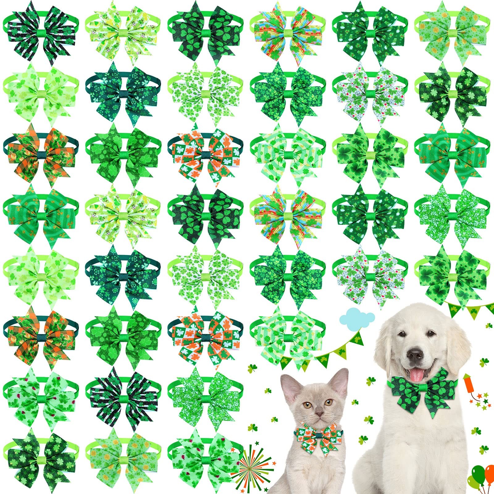 40 Pcs St. Patrick's Day Dog Bows Ties Bulk, Adjustable Irish Shamrocks Basics C