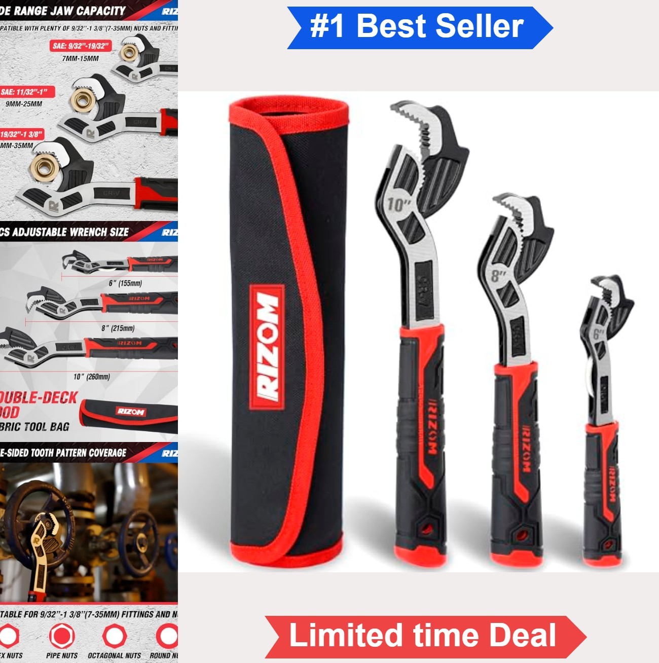 Self Adjusting Pipe Wrench Set 3 Piece 6 8 10 Inch Chrome Vanadium Steel Plumber