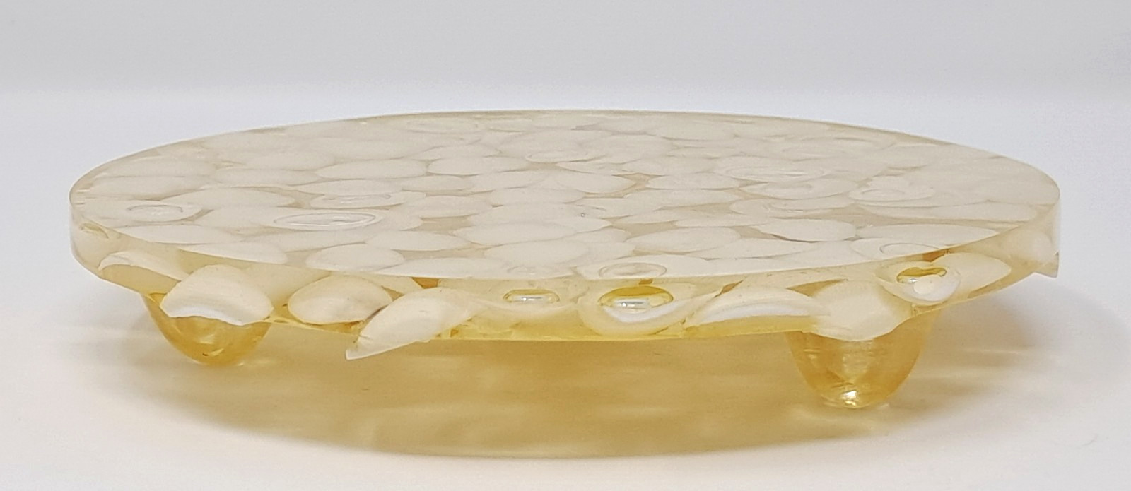 Resin Seashell Trivet 6" diameter white shells clear-ish stands 1" tall