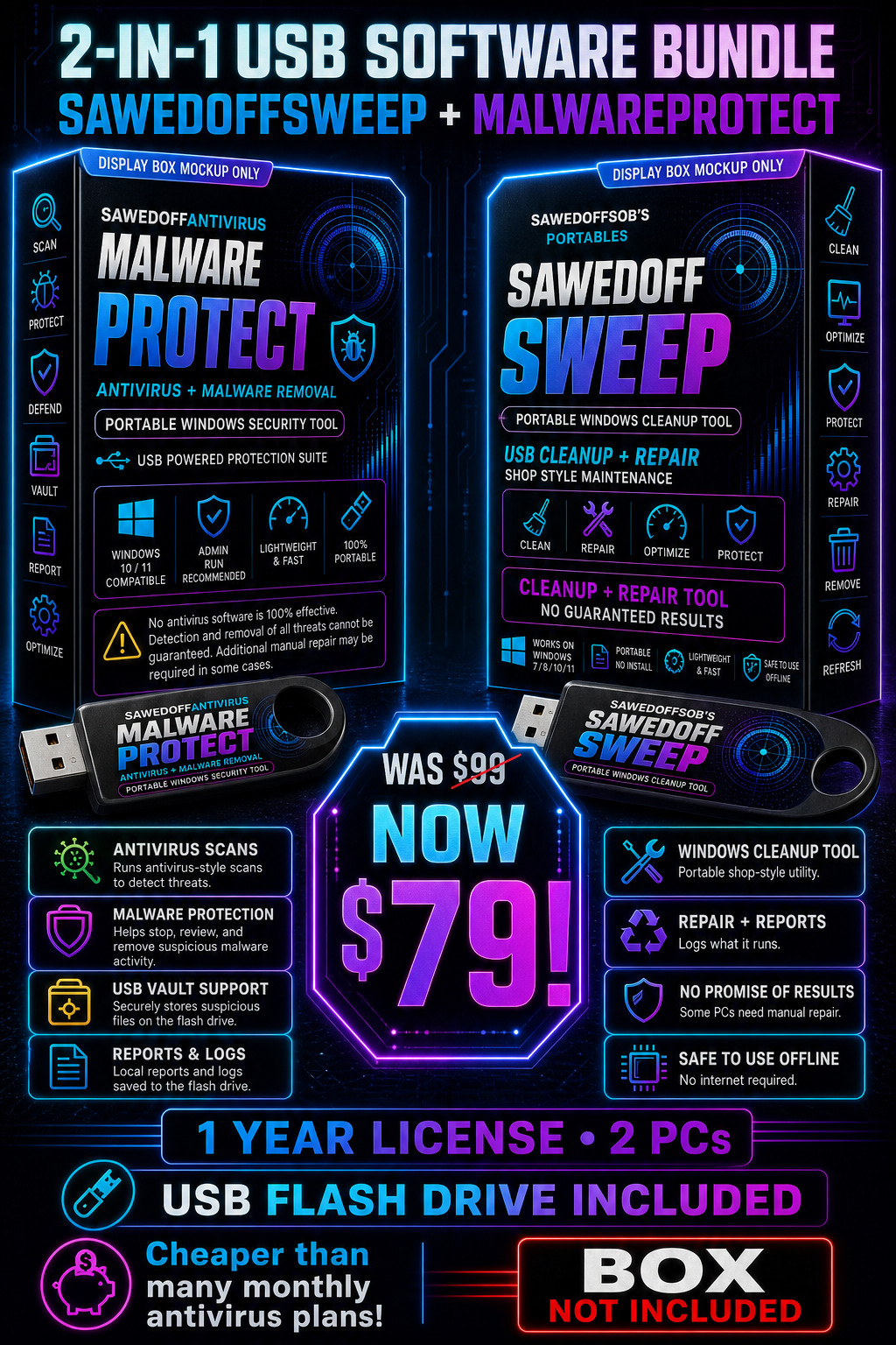 Sawedofftool 2 in 1 USB Windows Cleanup Repair Antivirus 1YR 2PC AI Tech Support