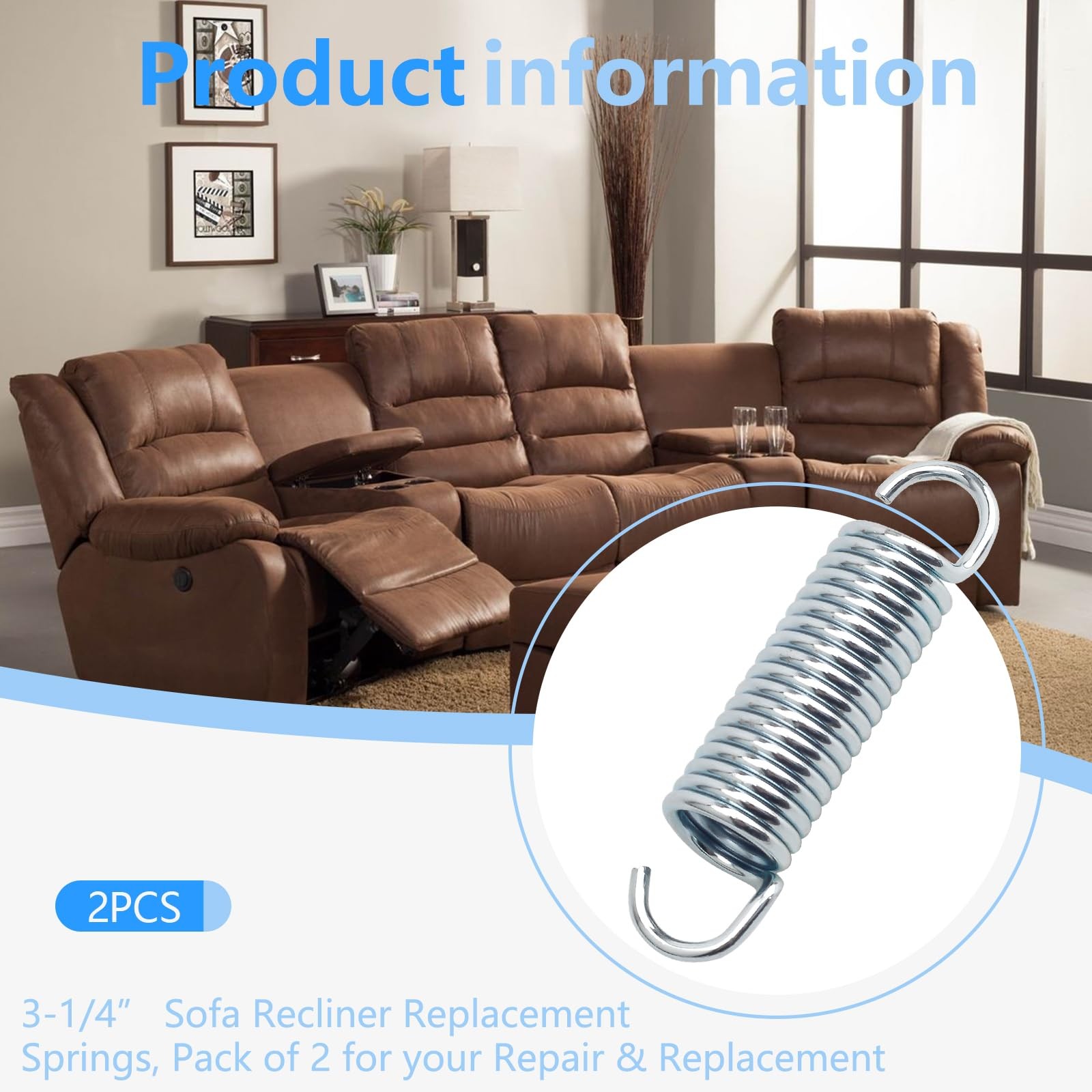 2 Pack 3-1/4" Recliner Sofa Chair Extension Springs 3 Inside Hook Mechanical