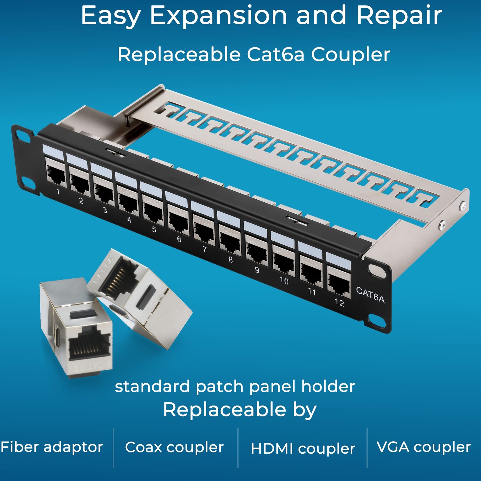 Mini 12 Port Cat6A Patch Panel, Shielded, 10-Inch, 1U, Inline Keystone