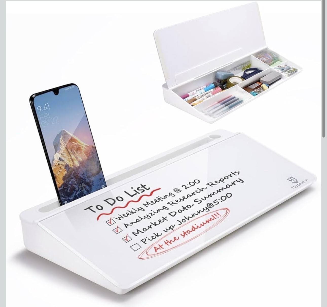 TSJ Office Plastic Desktop Organizer with Dry Erase Board, Multi-Compartment