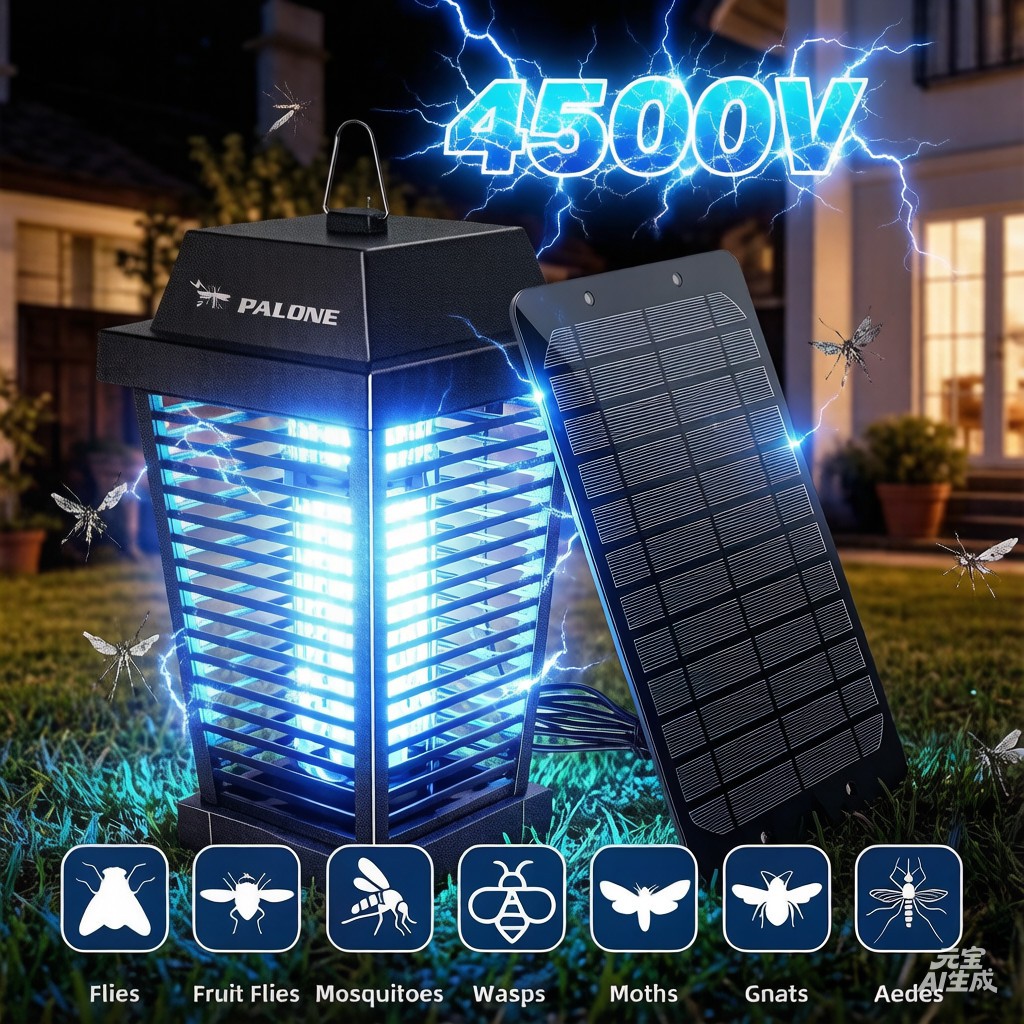 Solar Bug Zapper 4500V: Rechargeable Indoor/Outdoor Mosquito Killer Solar Panel
