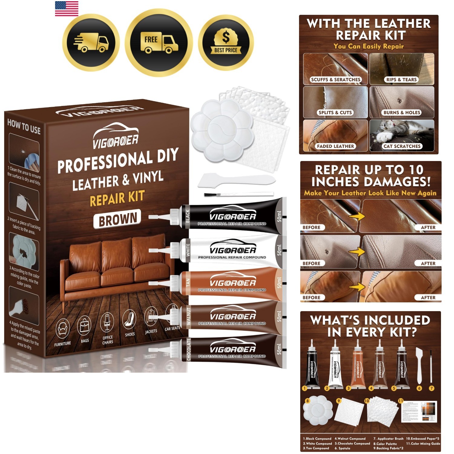 Brown Leather Repair Kit for Furniture, Leather Couch Repair Kit for Car Inte...
