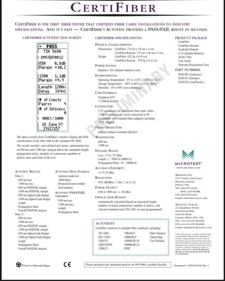 Microtest CertiFiber Optic Advanced certification multimode Fiber Network Excell
