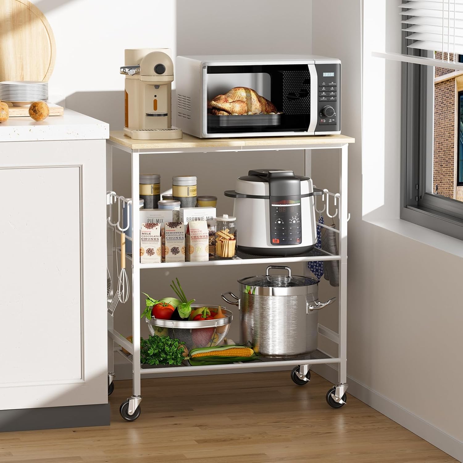 Rolling Kitchen Microwave Cart with 3-Tier Storage and 6 Hooks