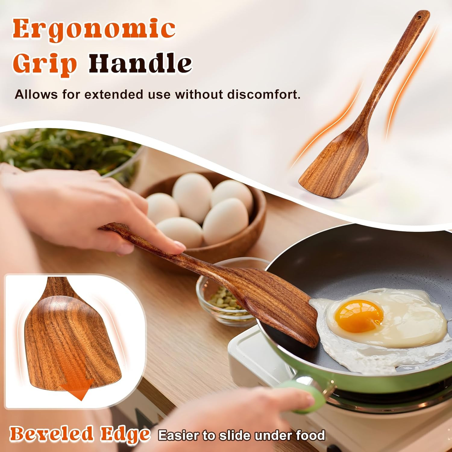 2Pcs Wooden Spatula, Acacia Solid & Slotted Turner Spatula Set, Long Handle Flat