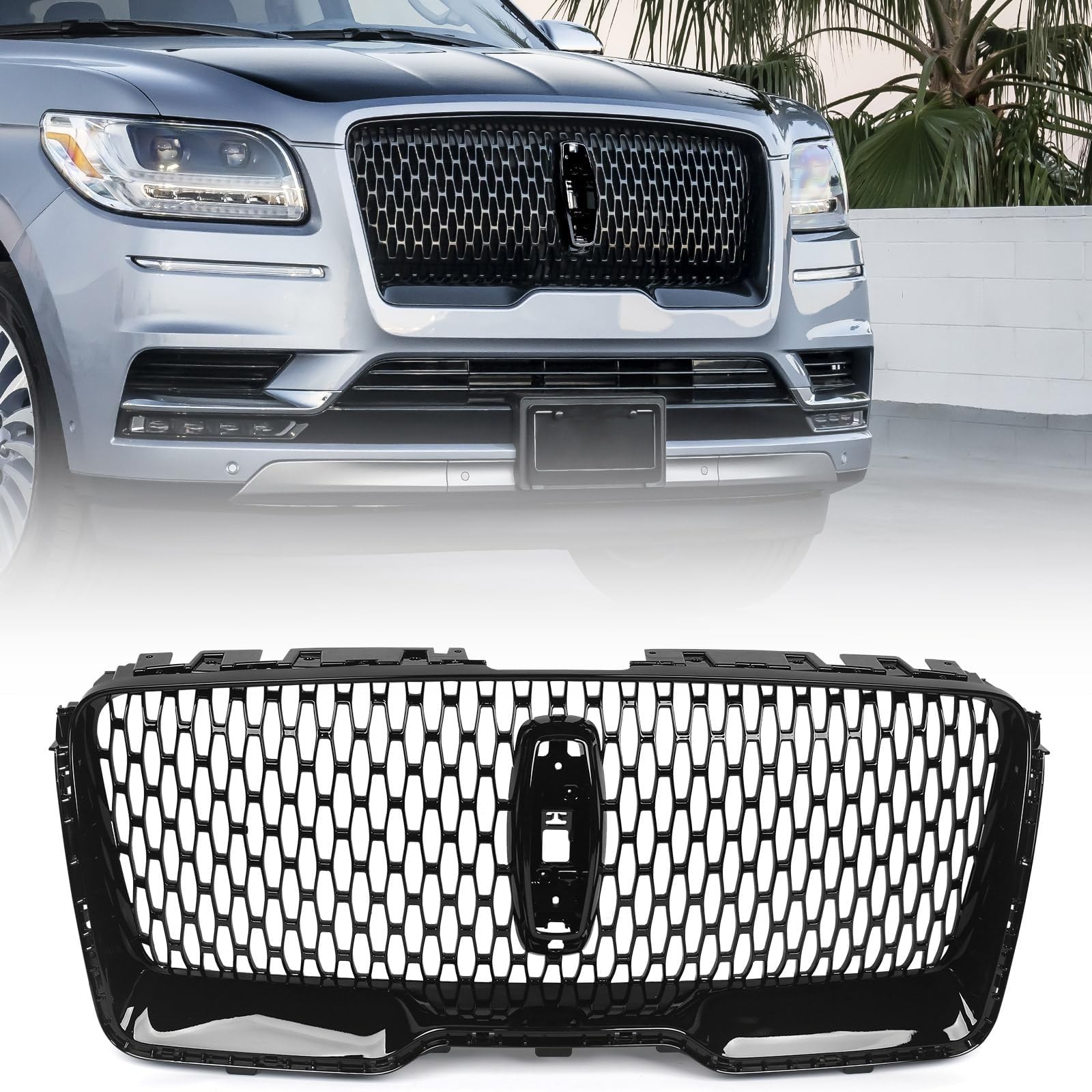 JOLONG Front Upper Grille Fit for Lincoln Navigator 2018-2021 Glossy Black