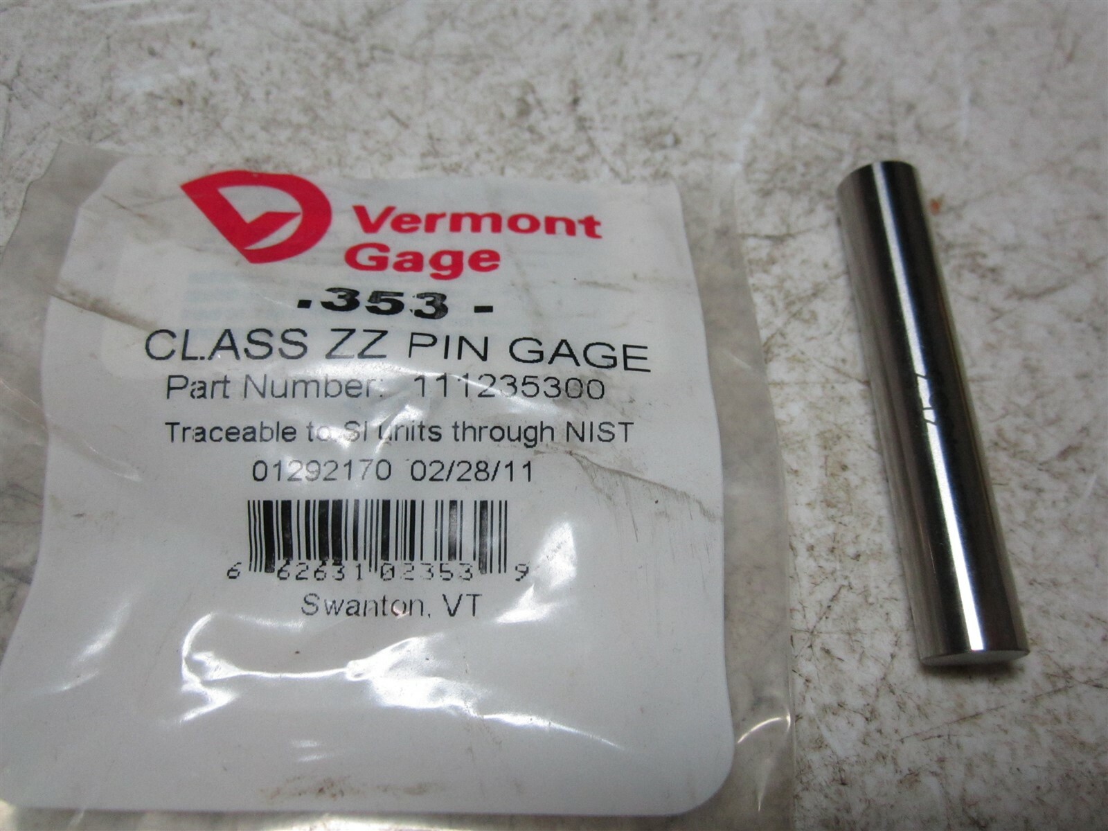 Vermont Gage (111235300) 0.353 Diameter Class ZZ Pin Gage