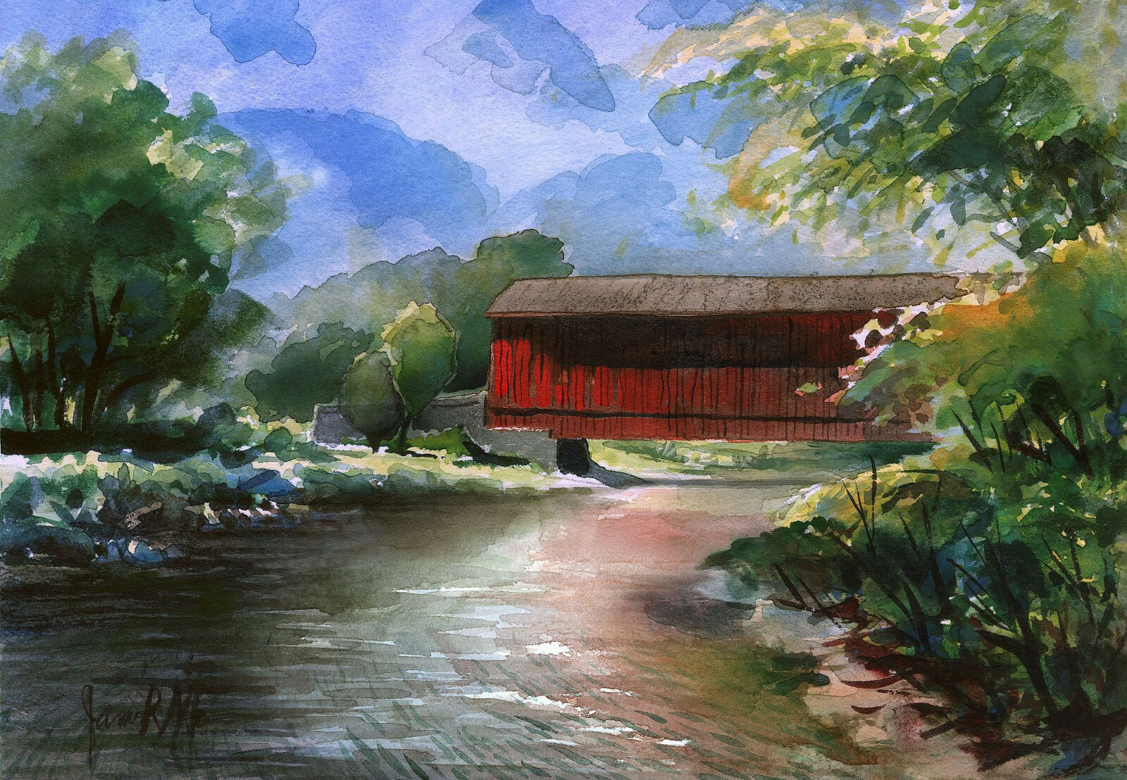 Mood's Covered Bridge, Perkasie, PA. Summer. James Mann watercolor notecards