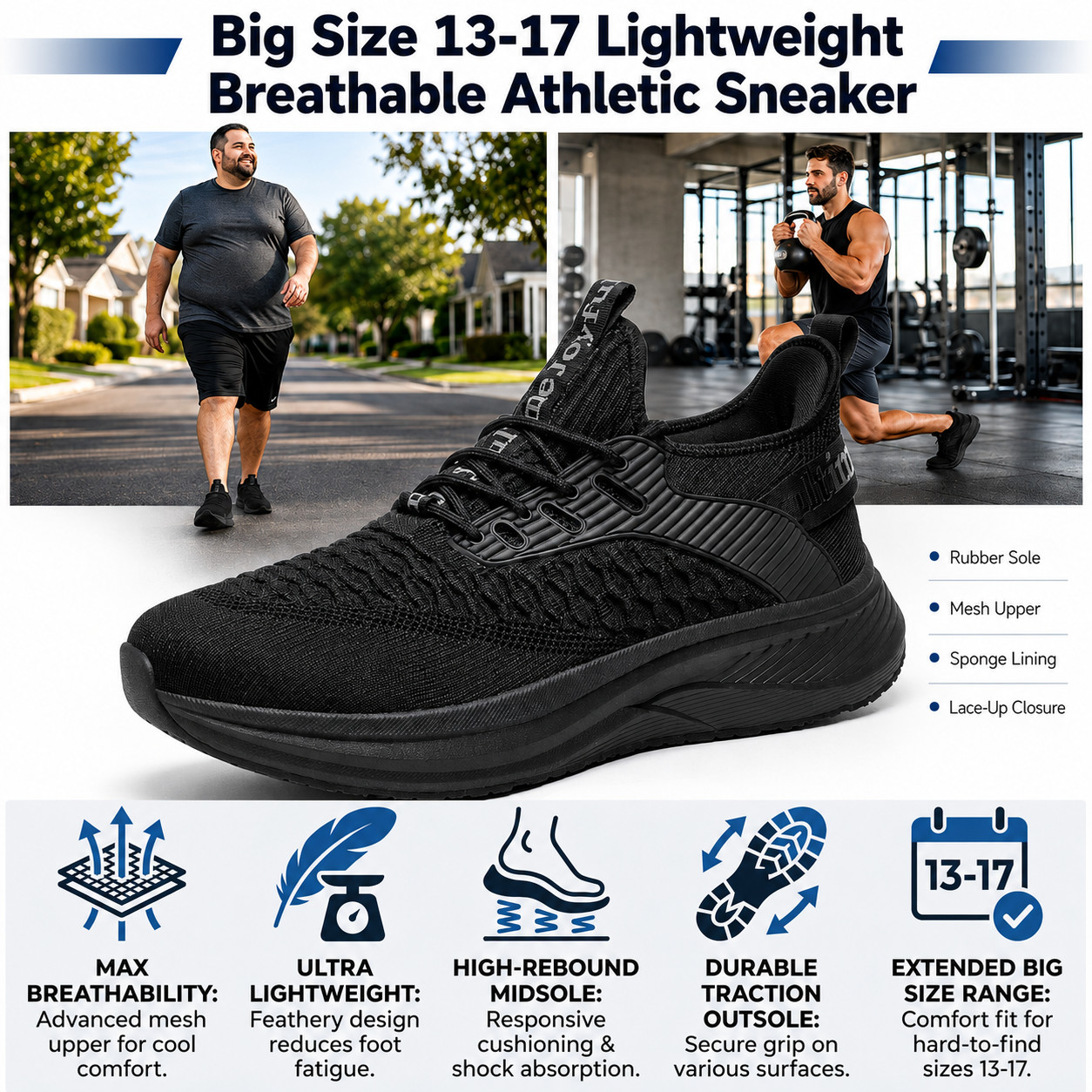 Men's Big Tall Mesh Breathable Walking Sneakers Lightweight Size 13 14 15 16 17