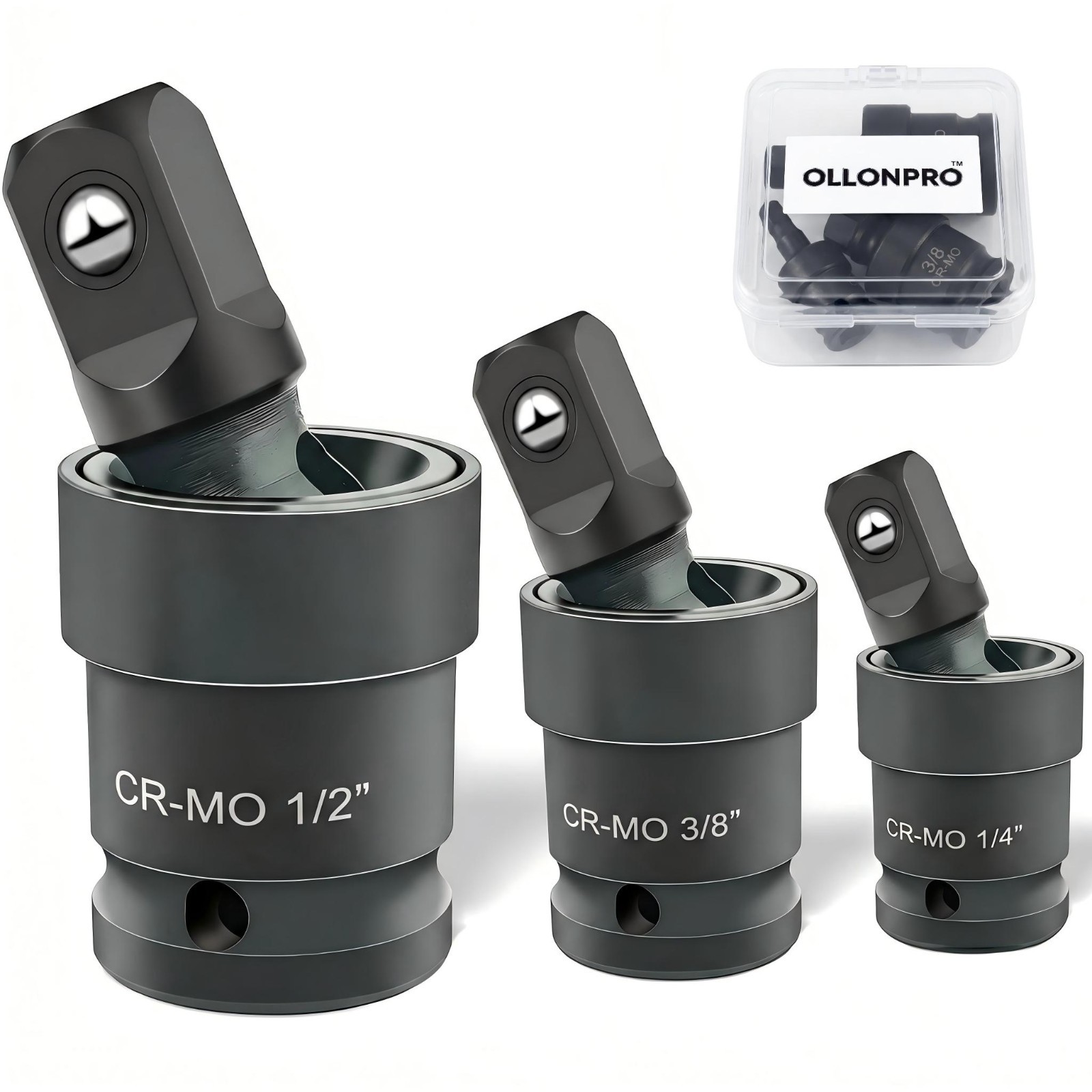 3 PC Pneumatic Impact Universal Joint Socket Set Swivel Ball 1/2" 3/8" 1/4"