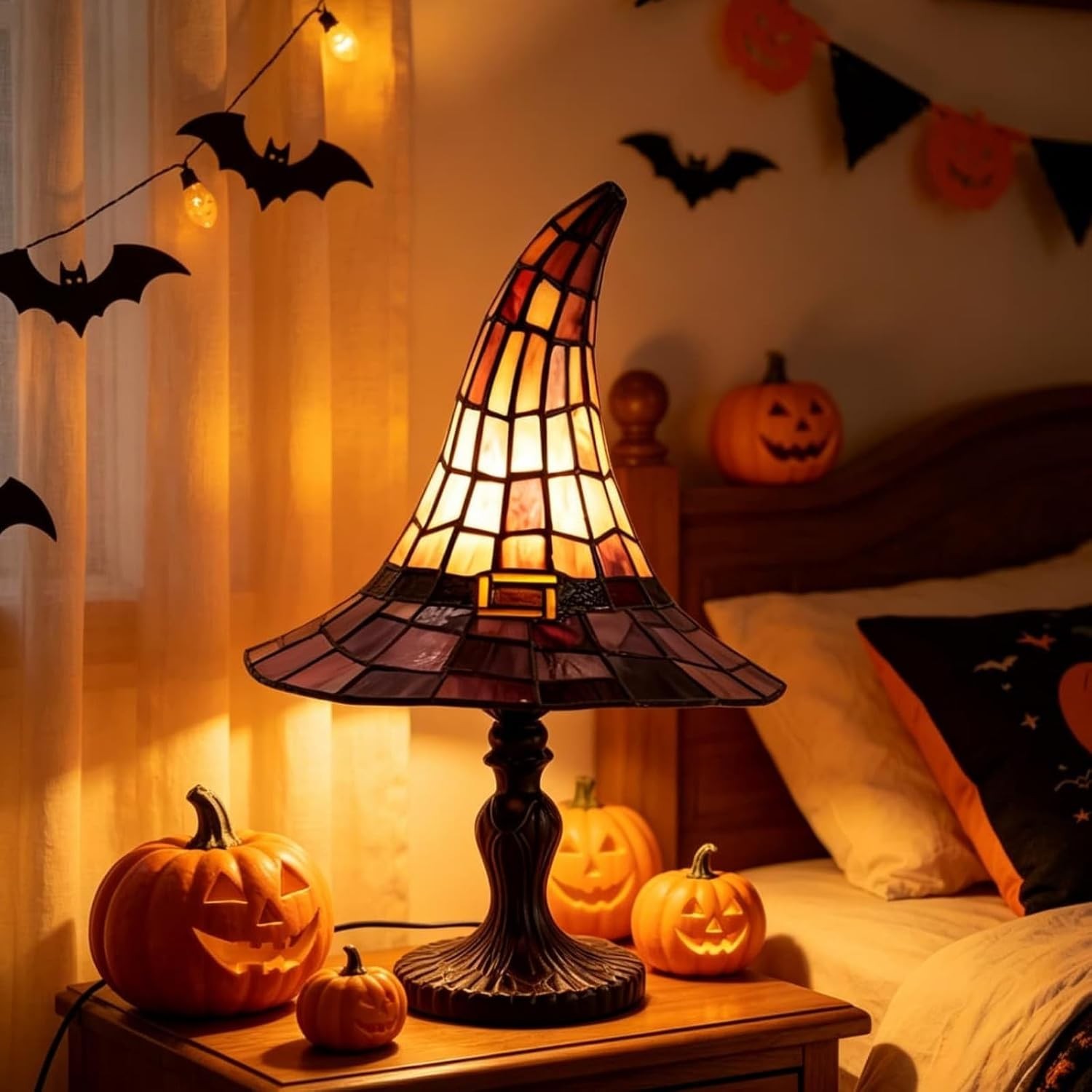 Stained Glass Witch Hat Lamp,USB Powered Gothic Wizard Hats Night Light USA