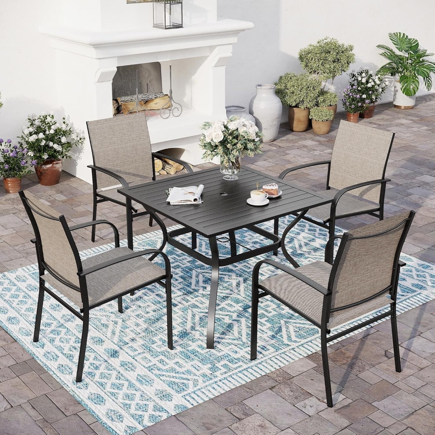 5 Piece Patio Furniture Set Outdoor Square Metal Table Patio Dining Chairs Set