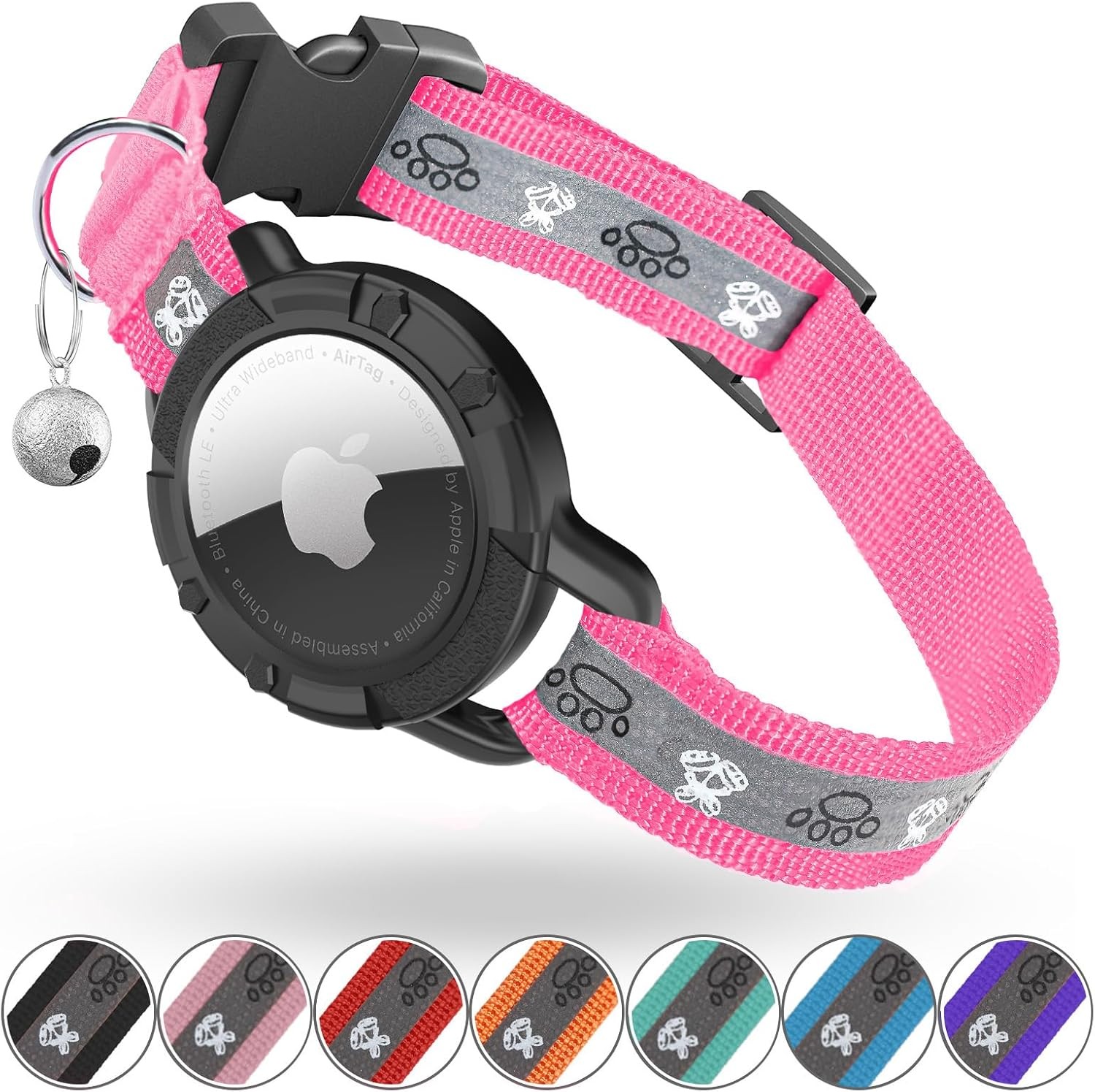 Reflective AirTag Cat Collar, Integrated Tracker Collar XS(7-9), Hot Pink
