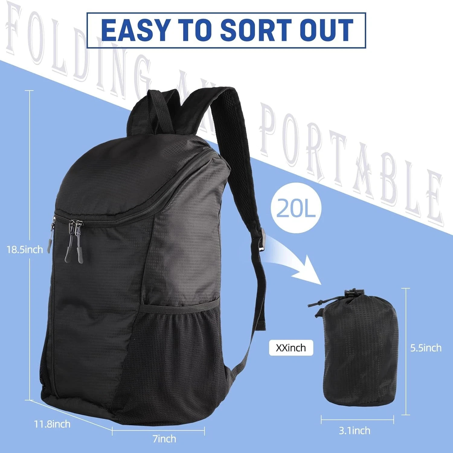 DOVO HIKING BACKPACK BLACK Waterproof Wear-Resistant Lightweight Packable NYLON