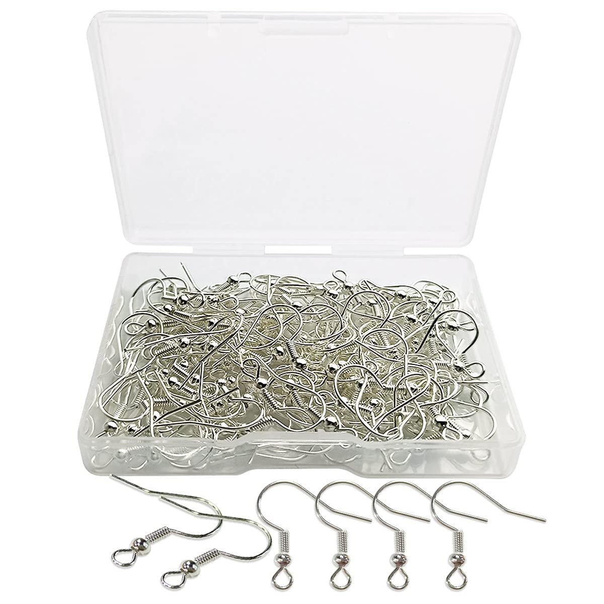 120pcs Earring Hooks Ball and Coil, Hypo Allergenic Plated Silver Storage Box,