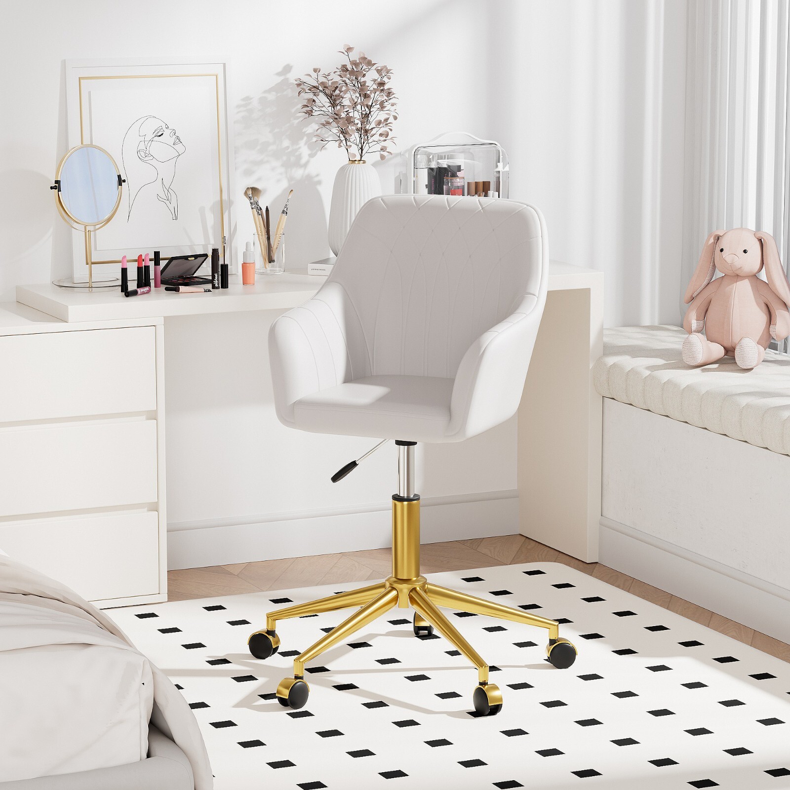 PU Leather Home Office Chair Height Adjustable Stools with Gold Metal Base White