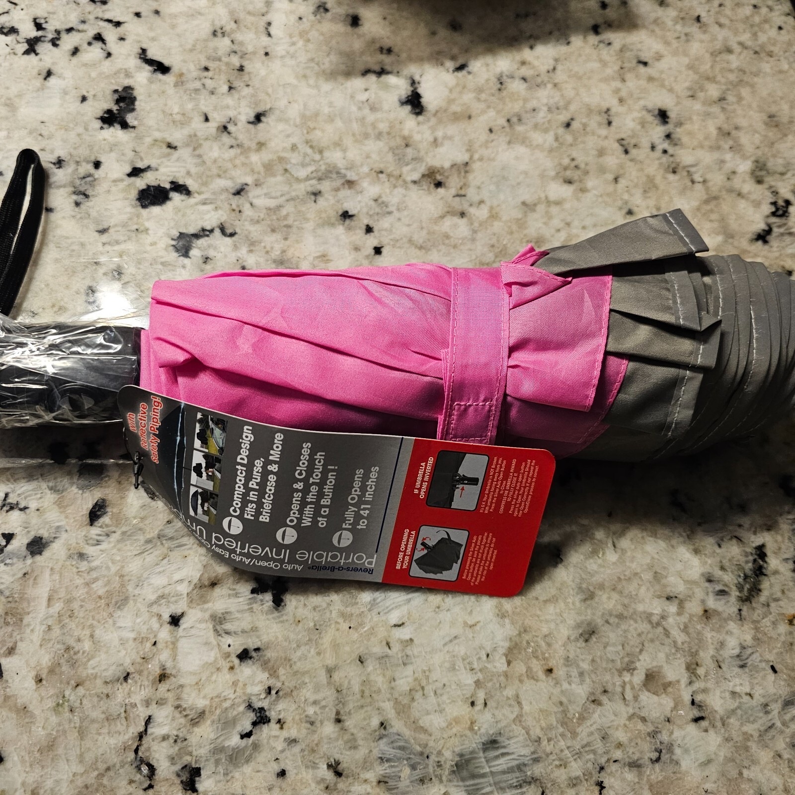 Reverse-a-brella Pink/Reflective Gray Compact Portable Inverted Umbrella Repel
