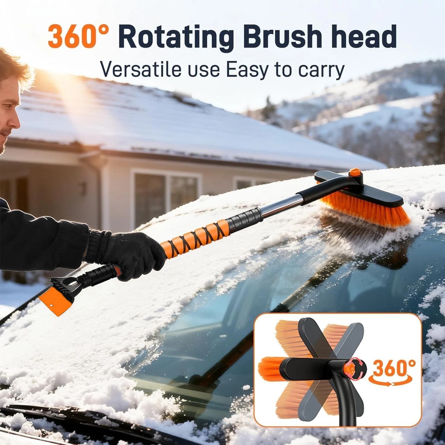 360°2in1 35.4“Rotating Extendable Snow Brush and Ice Scraper for car Windshield