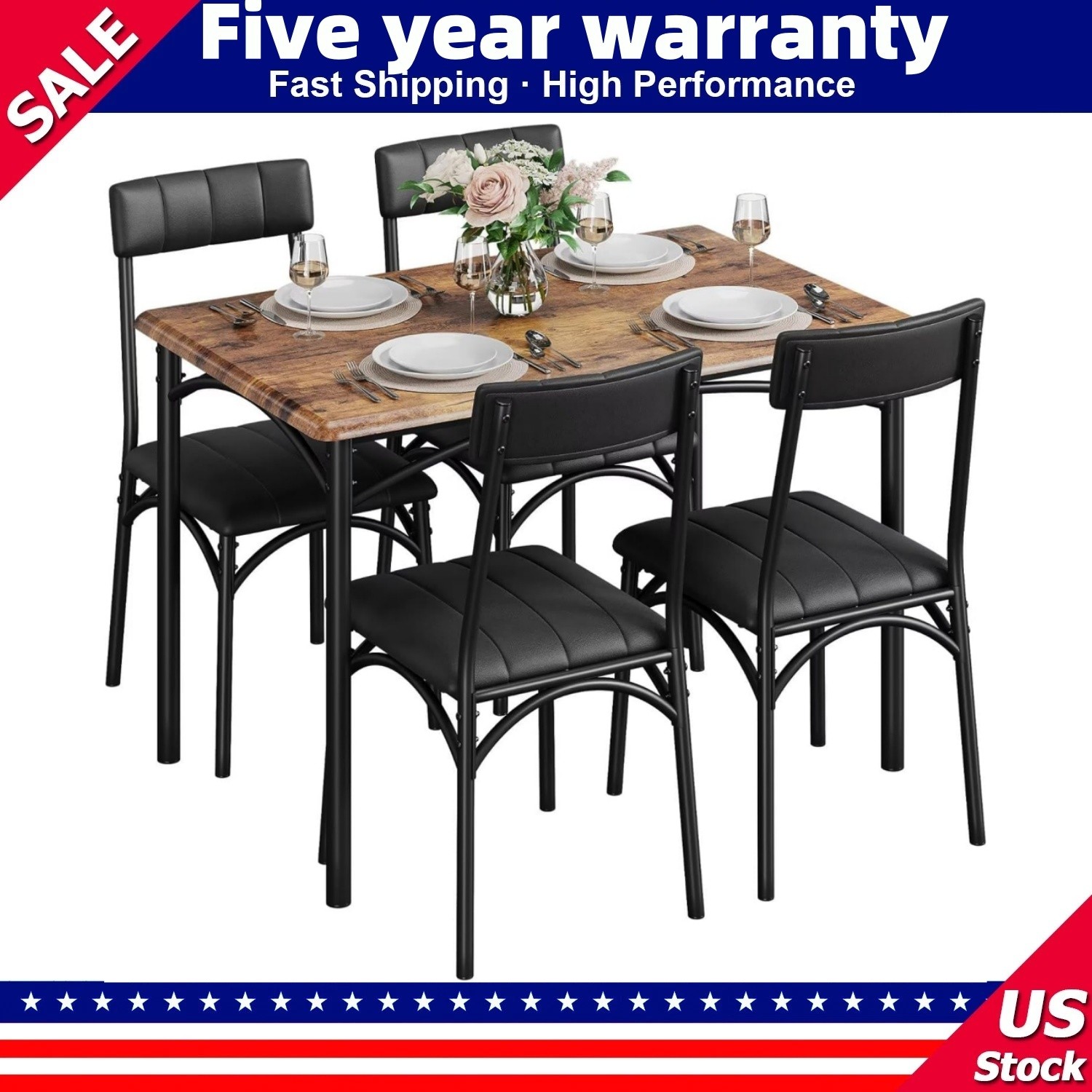 📶Dining Table Set for 4 Kitchen Table and Chairs Metal and Wood Upholstered Cha
