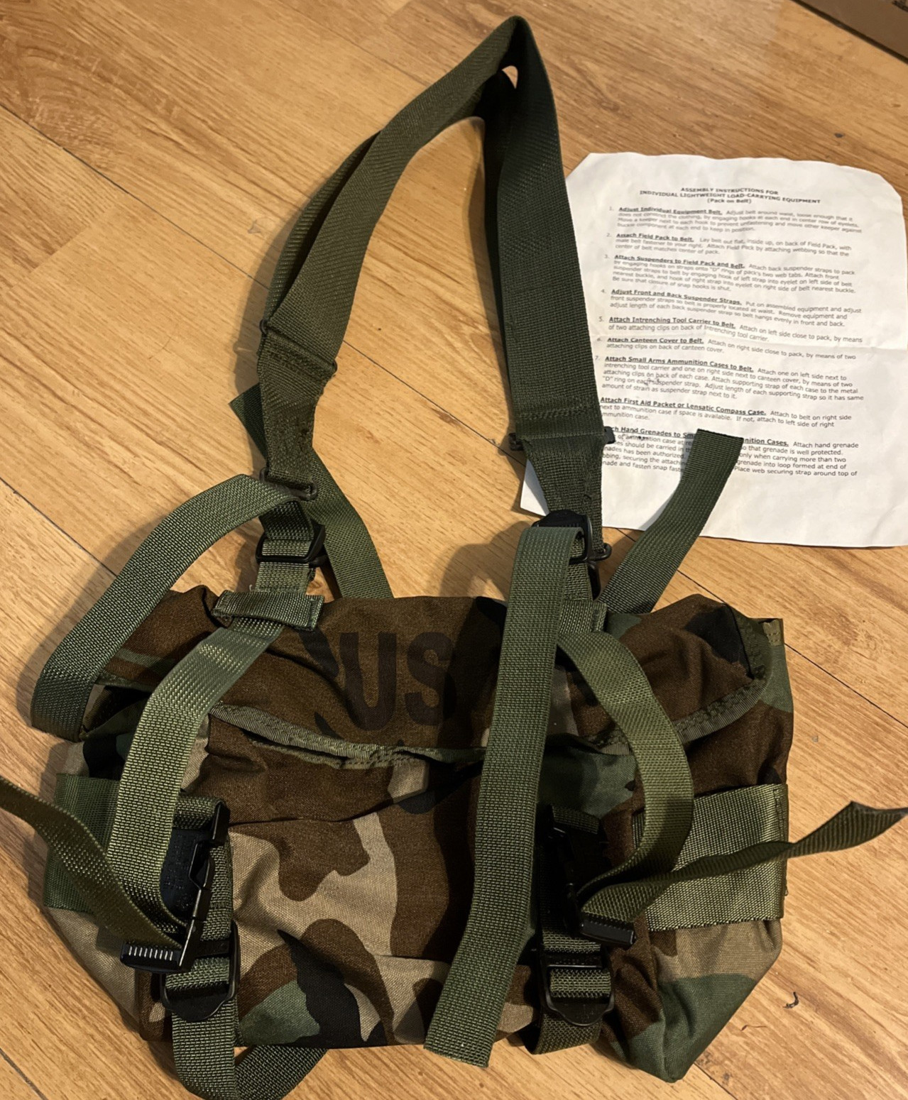 USGI Woodland Nylon Training Field Pack Buttpack W ALICE Clips + GP Carry Strap