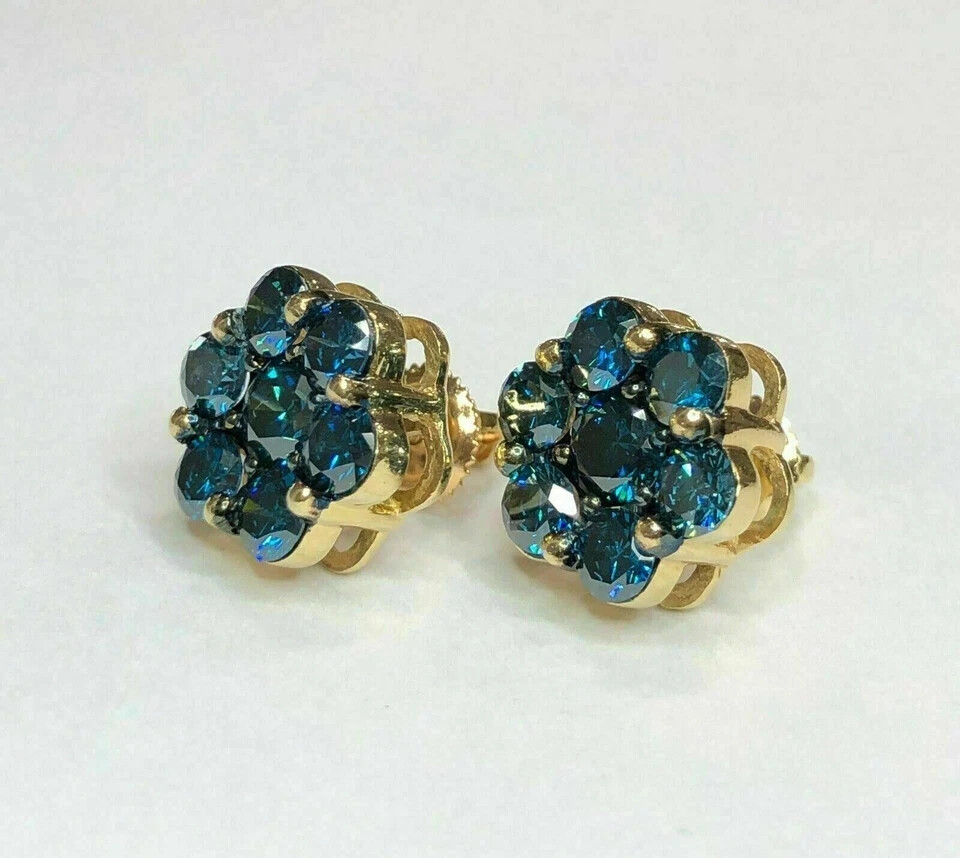 2Ct Round Simulated London Blue Topaz Flower Stud Earring 14K Yellow Gold Plated