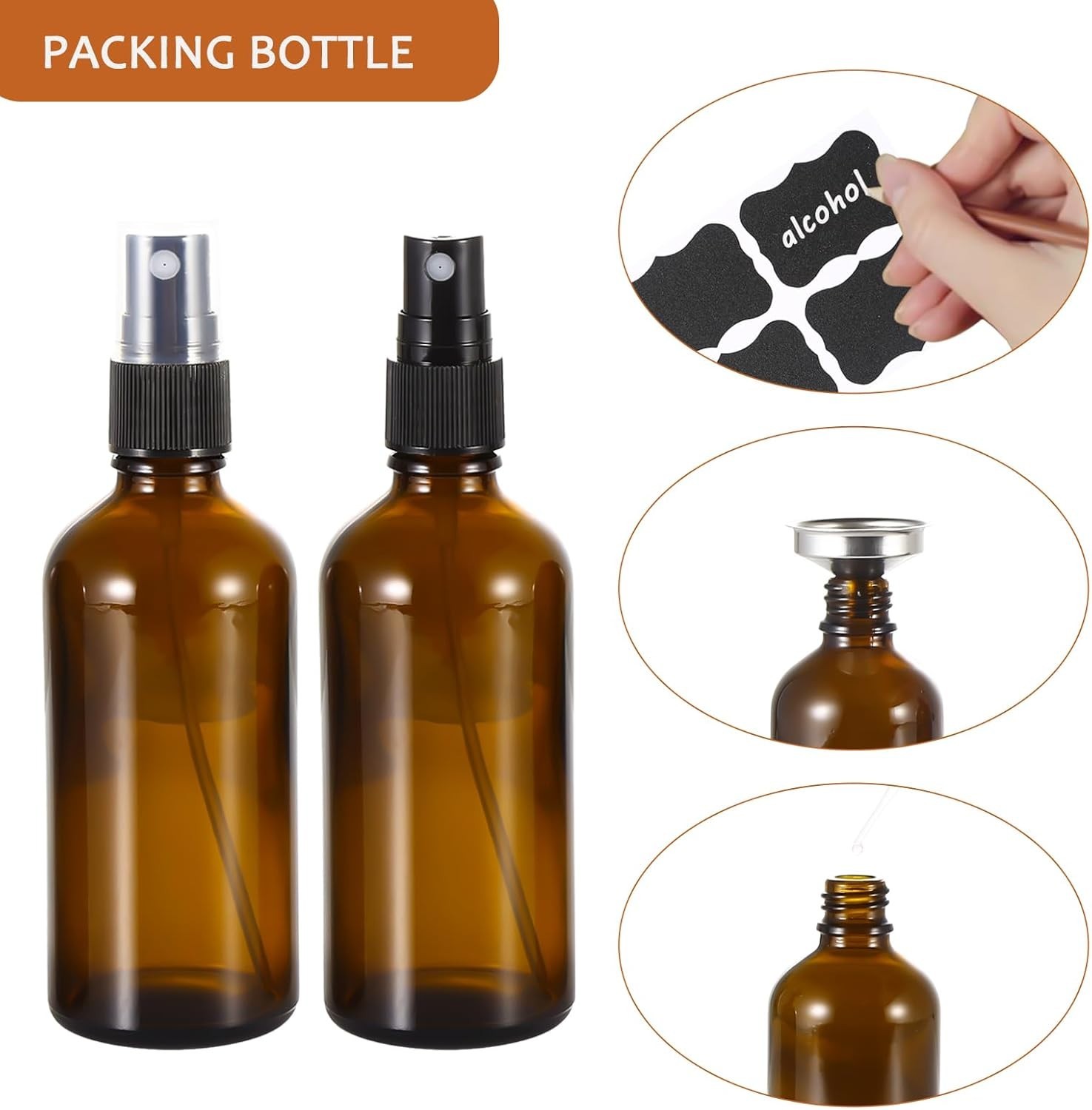 Versatile 100ml Refillable Amber Glass Spray Bottles - 3 Pack with Accessories