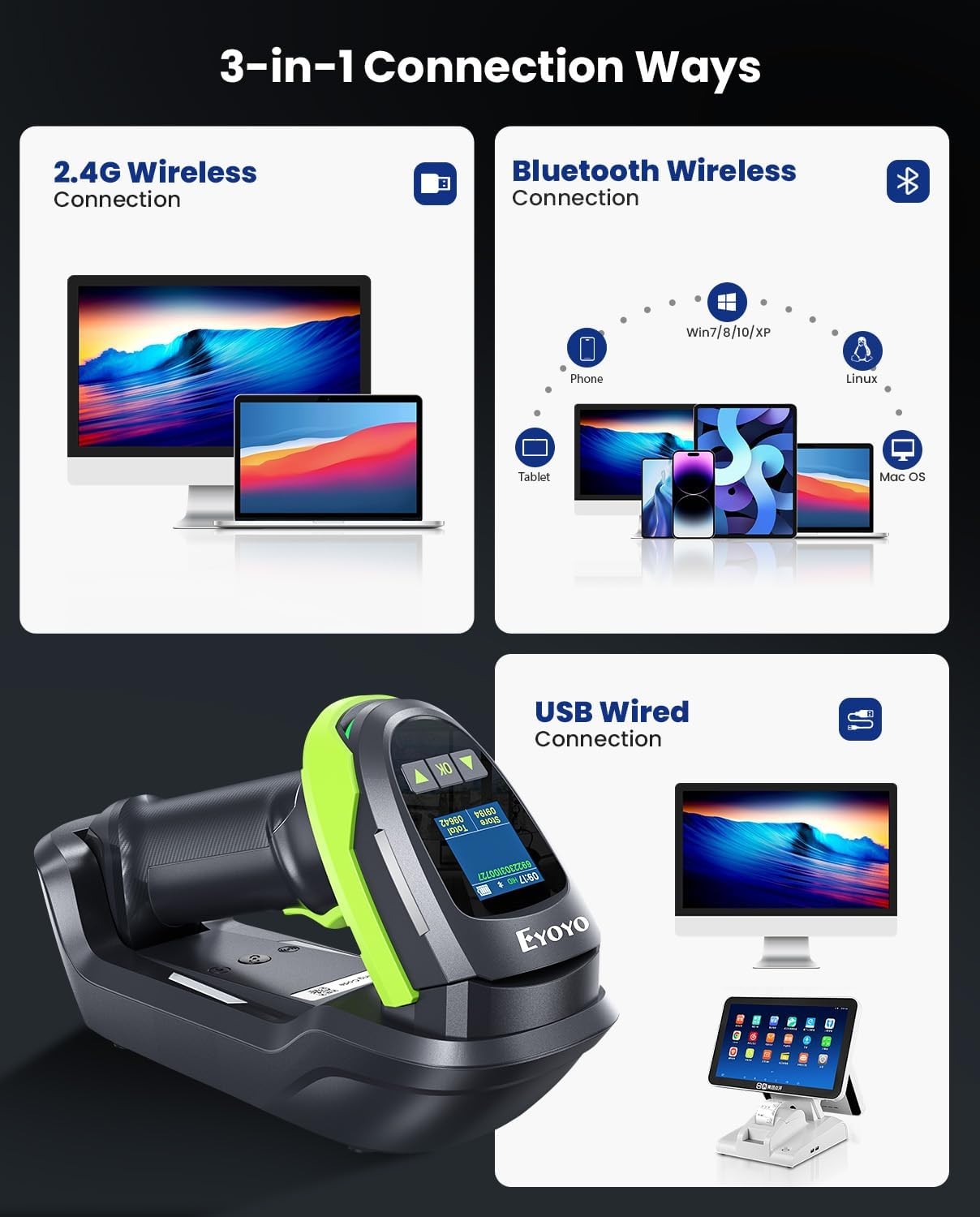 Eyoyo 1.44" LCD Barcode Scanner Wireless with Screen 1D 2D QR Bluetooth Scanner
