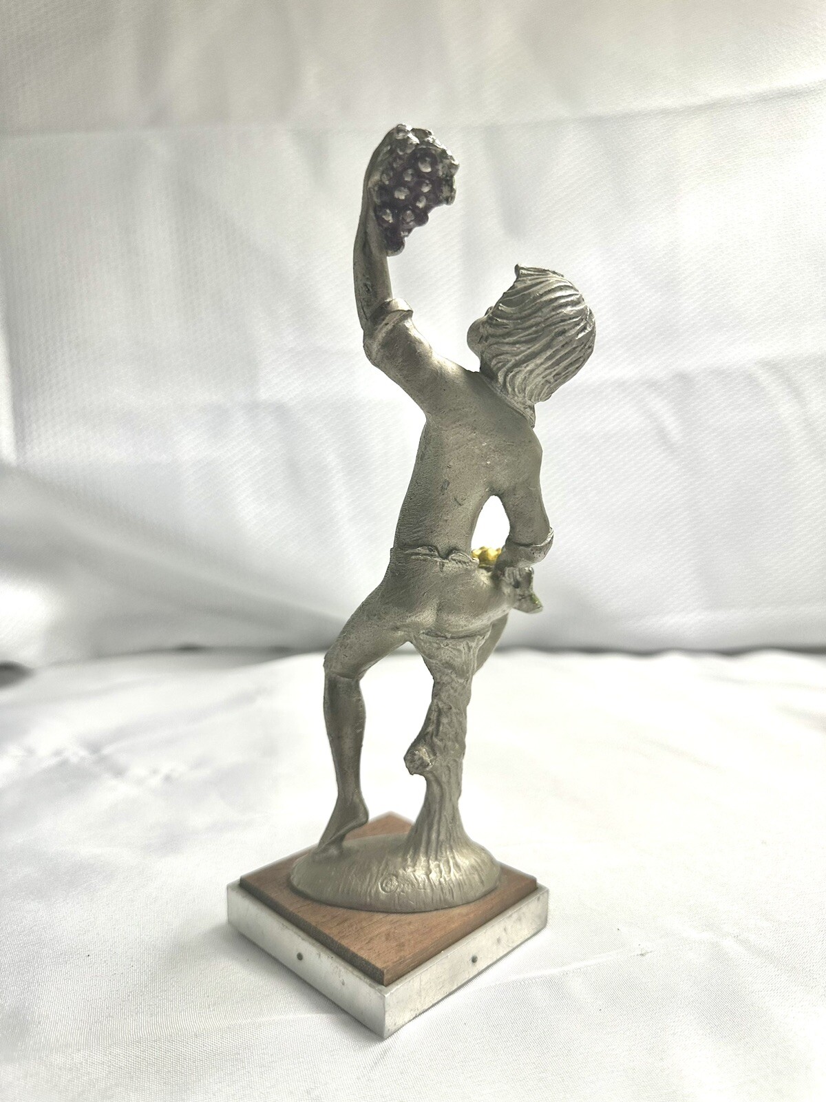 Vintage Signed AUTUNNO Boy Eating Grapes Sculpture Wooden Base Italy Art Deco
