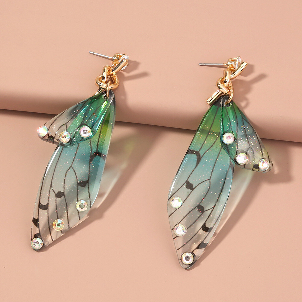 Bohemian Dangle Crystal Earrings Butterfly Wings Tassel Handmade Boho Style